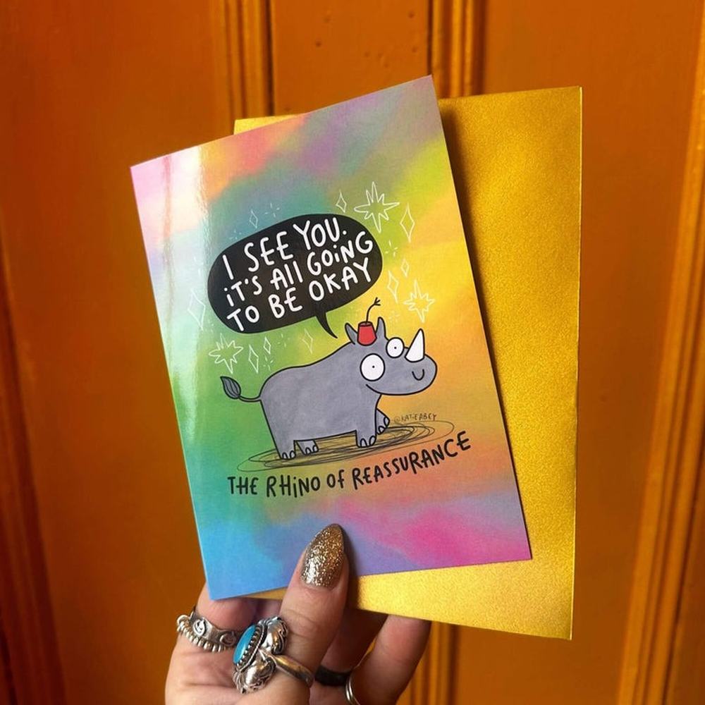 Katie Abey Design - The Rhino of Reassurance A6 Wenskaart - Multicolours